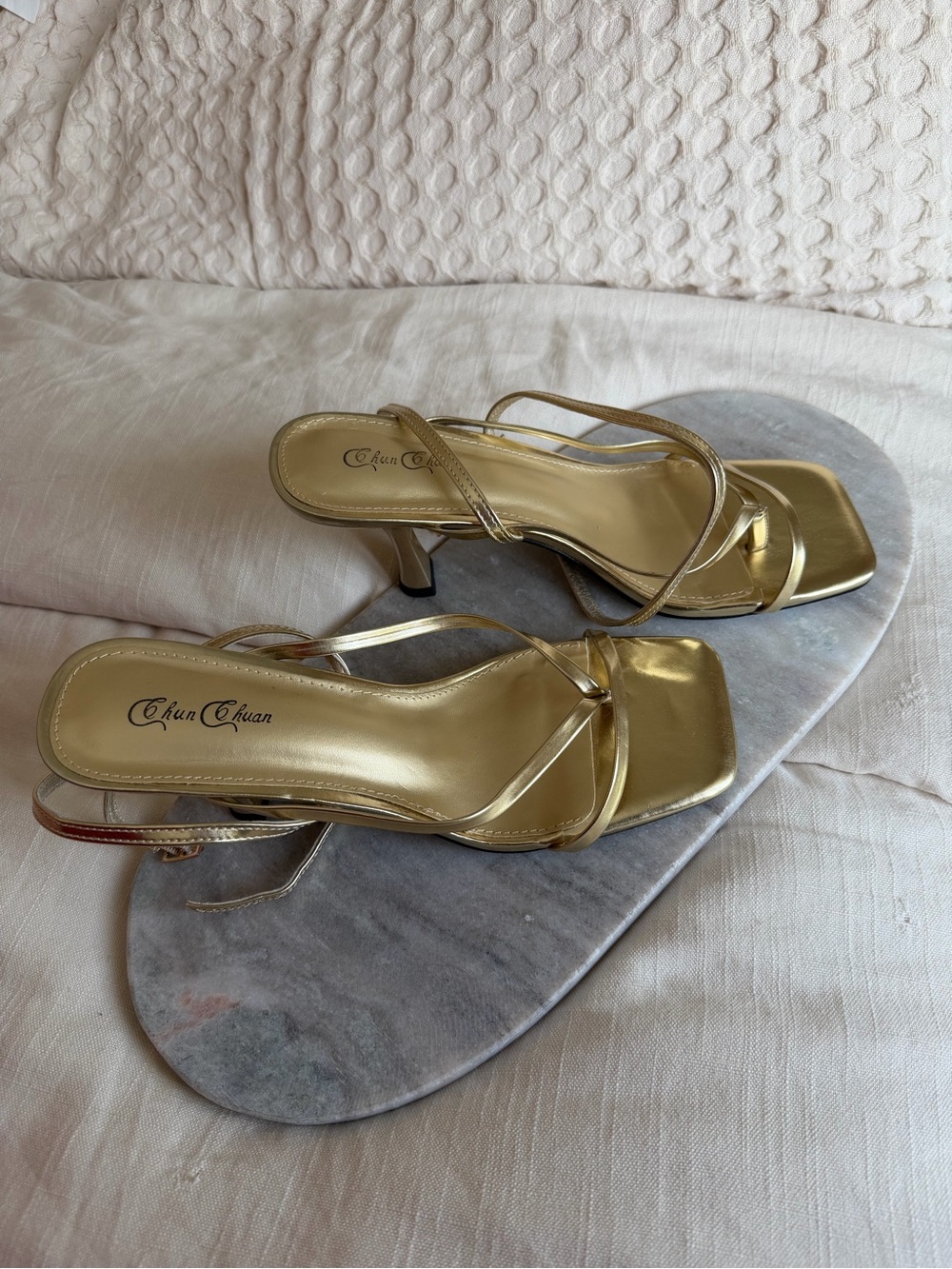 Gold Strappy Square-Toe Heeled Sandals